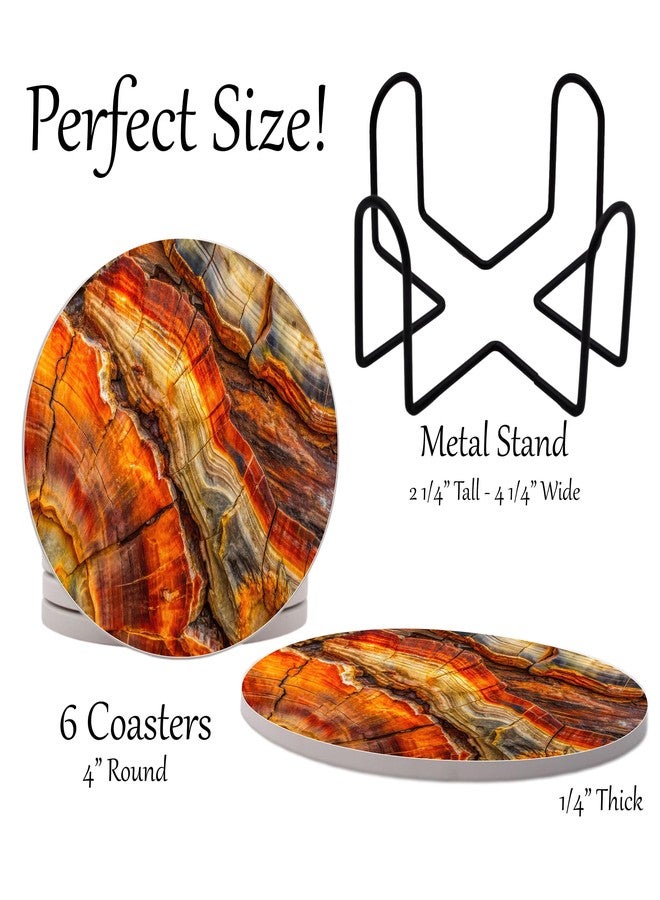 DAJDC Petrified Wood Agate Round Coasters Set of 6 - Abosrbent Ceramic Coasters with Metal Stand for Drinks, Coffee, Non-Slip Cork Back for Tabletop Protection, 4 Inches - Image 2